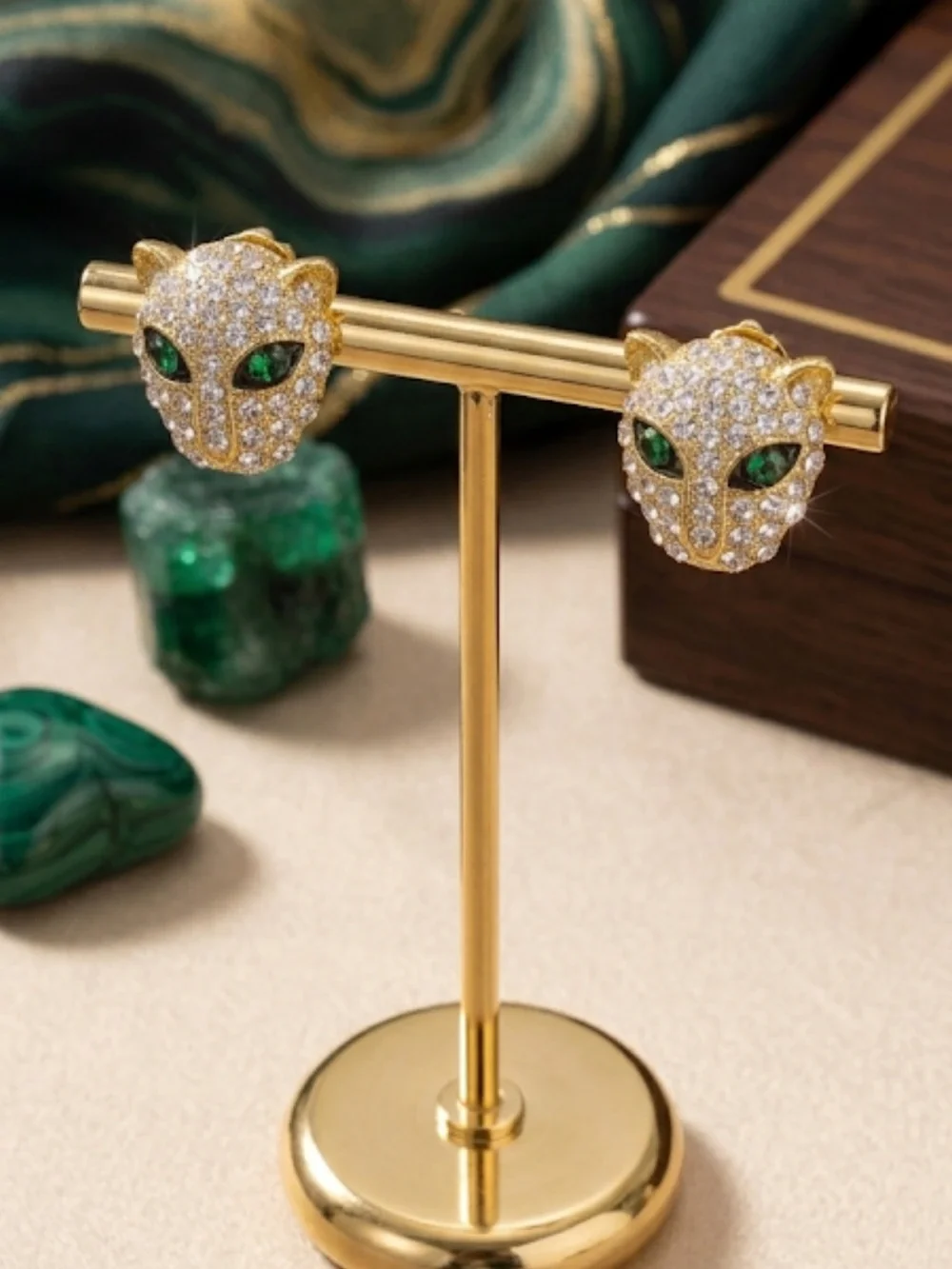 NWT Gold Leopard Panther Head Pave Crystal Earrings Green Rhinestone Eyes